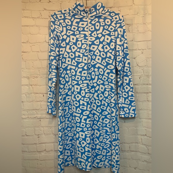 barbara gerwit Dresses & Skirts - Barbara Gerwit 1/4 Zip Stretch Blue and White Geometric Pattern Dress Size S